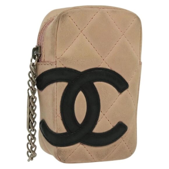 CHANEL Cambon Line Pouch Leather Pink Silver CC Auth 138197 - Picture 1 of 16